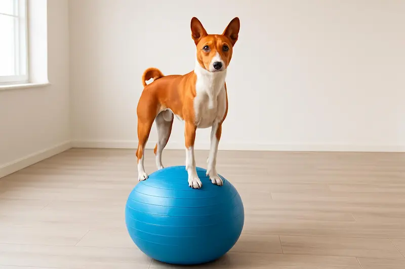 Basenji auf Gymnastikball